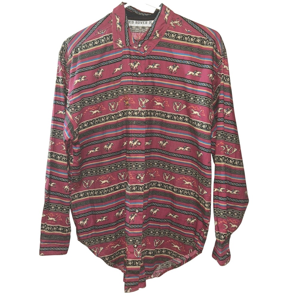 Red Rover Vintage Equestrian Horse Fox Hunt Print Cotton Button Down Mens M